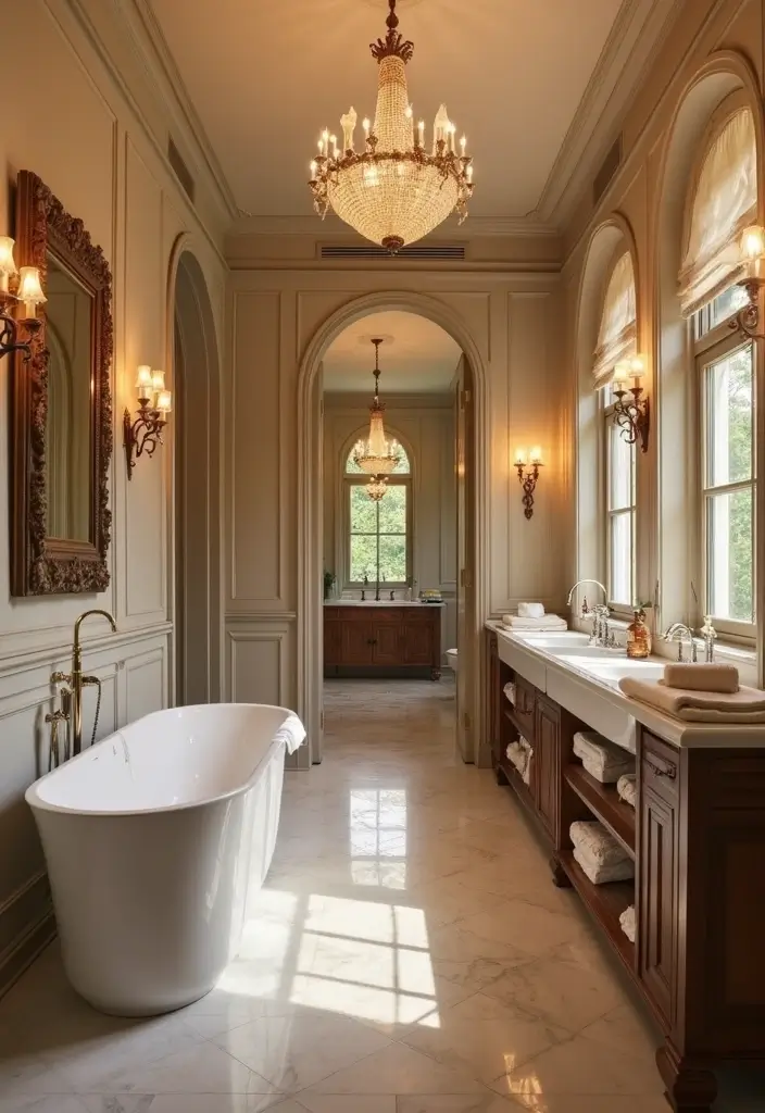 28 Modern Hamptons Bathroom Designs With Coastal Touch - 16. Elegant Lighting Fixtures