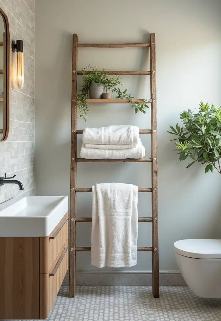 28 Simple Small Bathroom Ideas That Save Space - 13. Bathroom Ladder for Towel Storage
