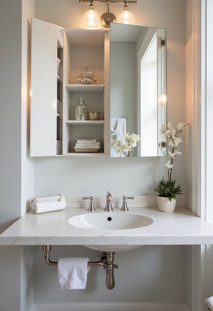 28 Simple Small Bathroom Ideas That Save Space - 5. Mirrored Cabinets for Double Duty