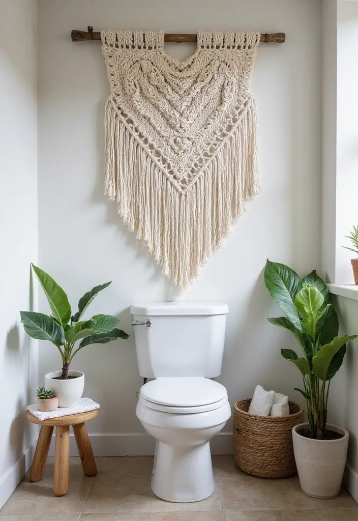 28 Small Bathroom Wall Decor Ideas To Elevate The Space - 14. Macrame Wall Hangings