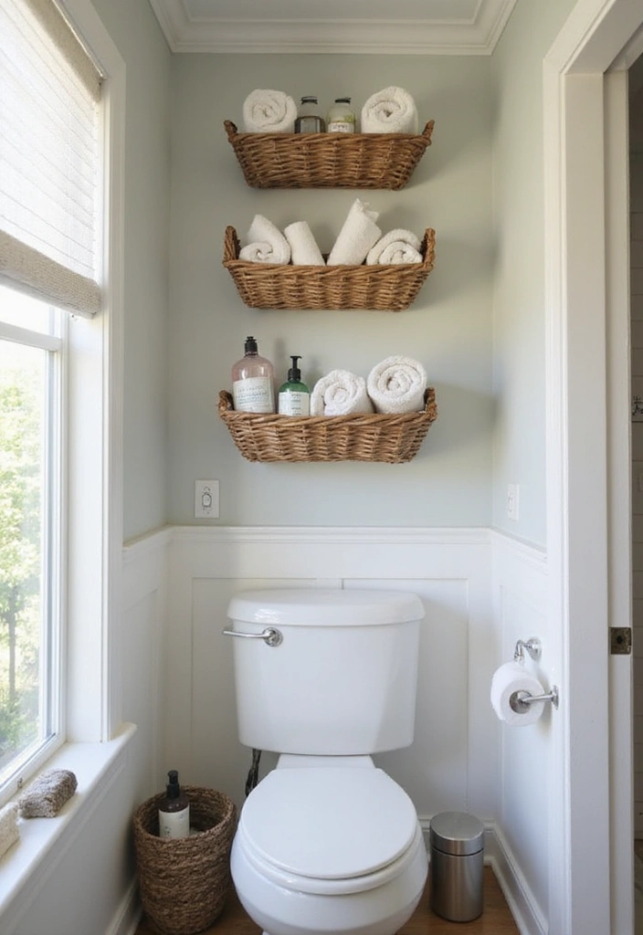 28 Small Bathroom Wall Decor Ideas To Elevate The Space - 20. Decorative Baskets
