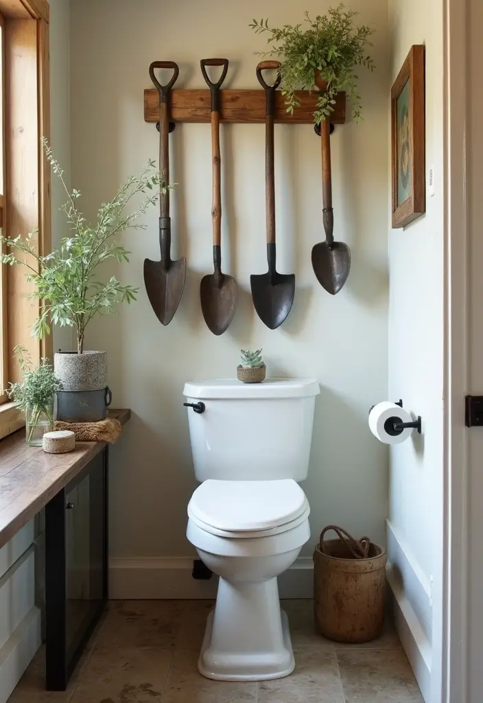 28 Small Bathroom Wall Decor Ideas To Elevate The Space - 28. Upcycled Garden Tools