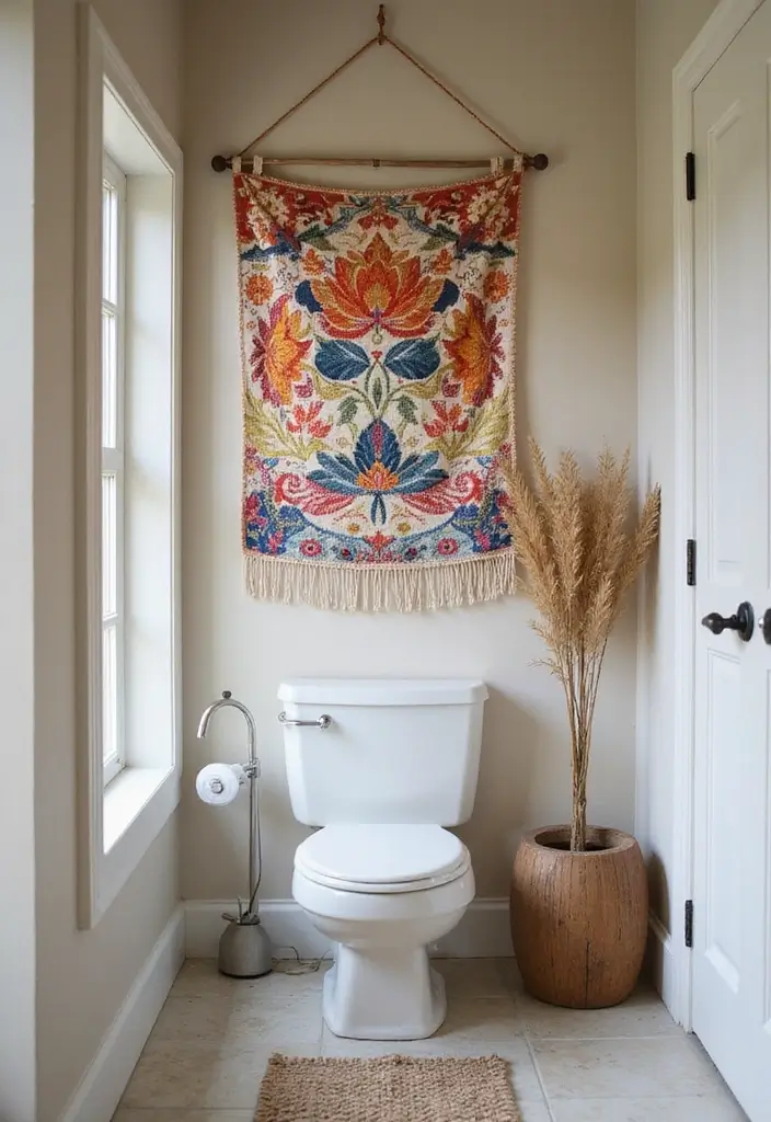 28 Small Bathroom Wall Decor Ideas To Elevate The Space - 9. Fabric Wall Hangings