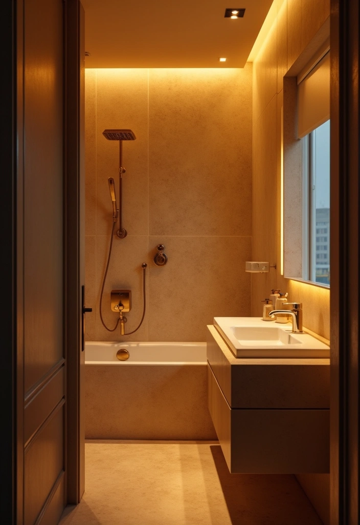 29 Apartment Aesthetic Bathroom Ideas For Modern Living - 22. Warm Lighting