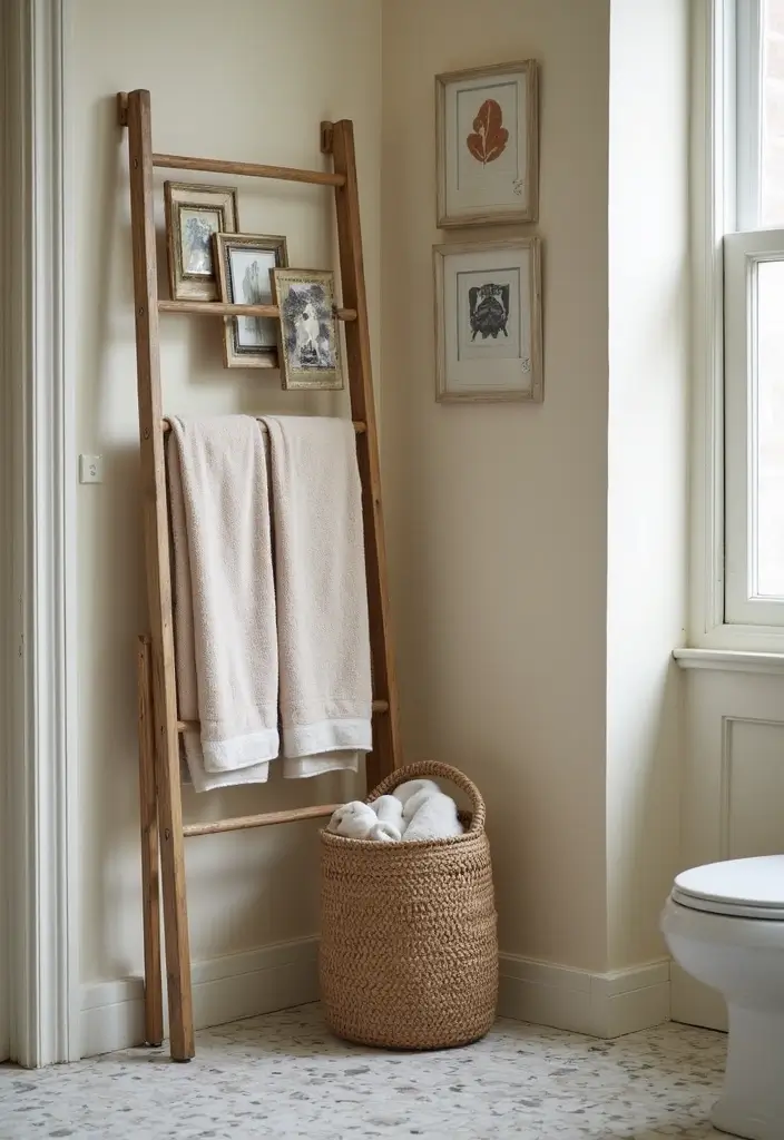 29 Bathroom Artwork Ideas That Add Character - 12. Vintage Towel Racks with Decorative Art