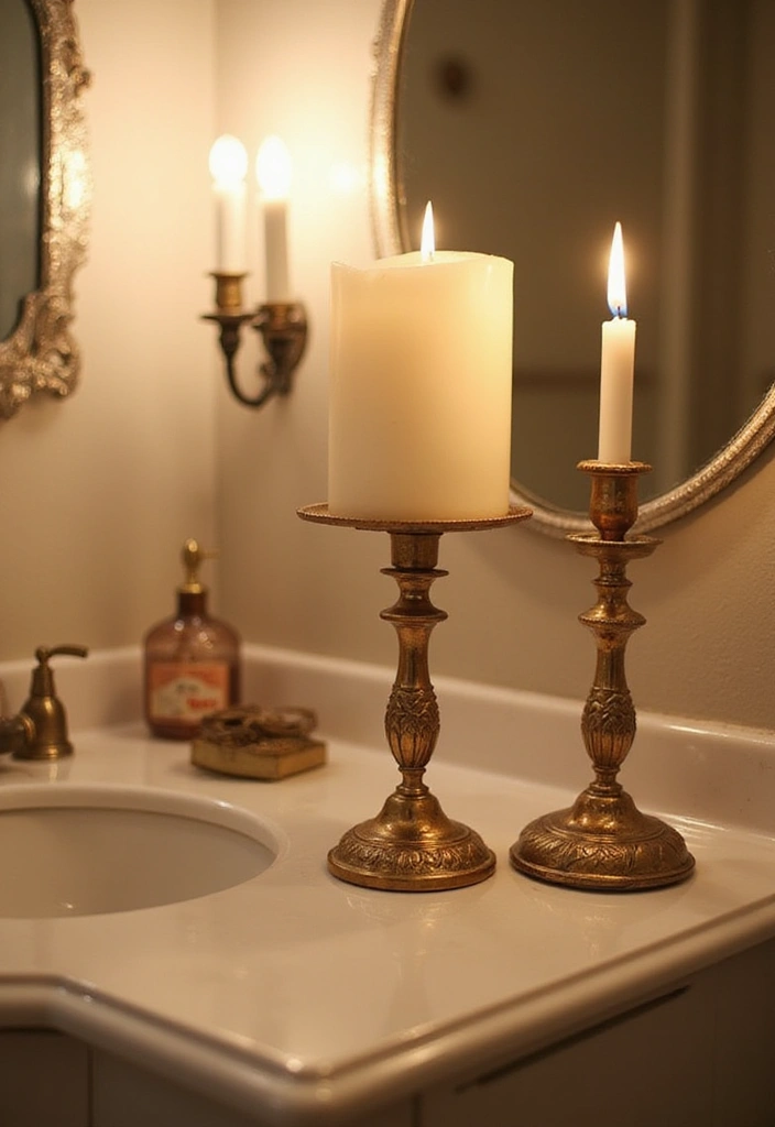29 Bathroom Artwork Ideas That Add Character - 13. Vintage Candlestick Holders with Art