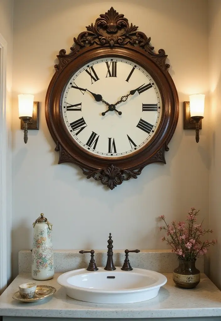 29 Bathroom Artwork Ideas That Add Character - 14. Vintage Clock as Wall Art