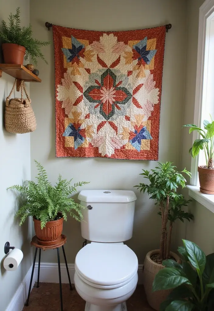 29 Bathroom Artwork Ideas That Add Character - 18. Vintage Quilts as Wall Hangings