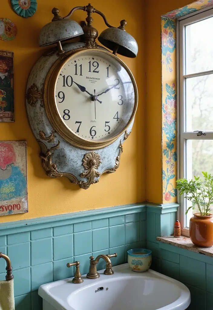 29 Bathroom Artwork Ideas That Add Character - 23. Quirky Vintage Clocks and Artwork