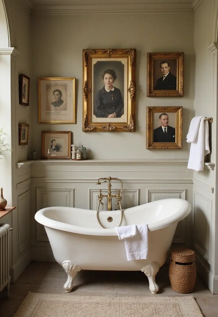 29 Bathroom Artwork Ideas That Add Character - 24. Vintage Portraits for a Timeless Look