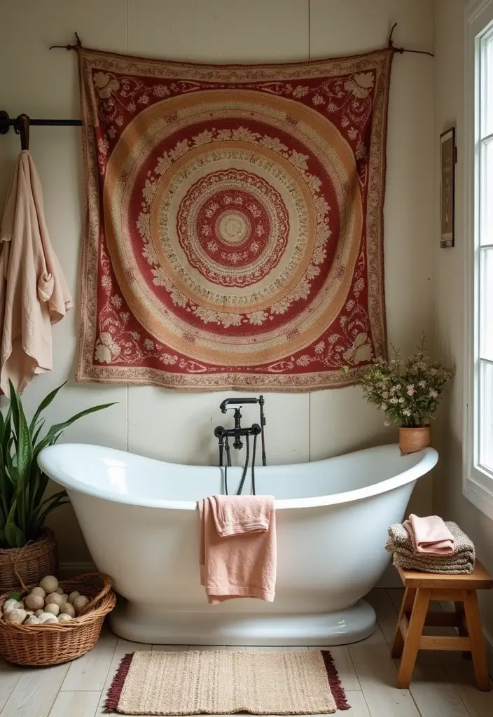 29 Bathroom Artwork Ideas That Add Character - 25. Artistic Vintage Textile Displays