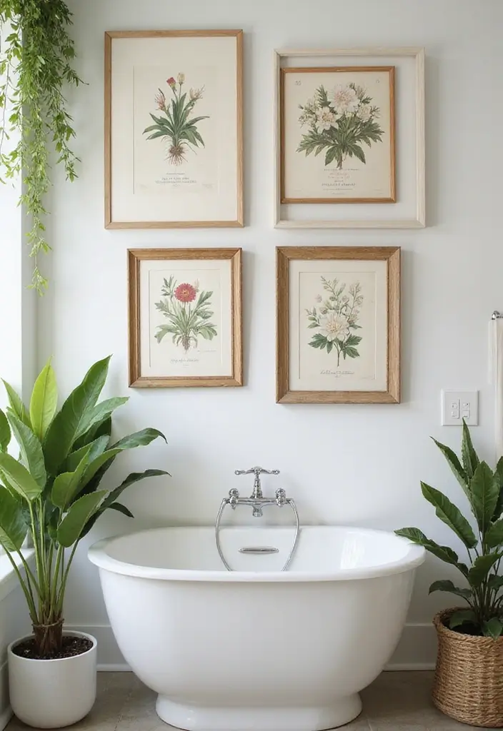 29 Bathroom Artwork Ideas That Add Character - 27. Vintage Garden Prints