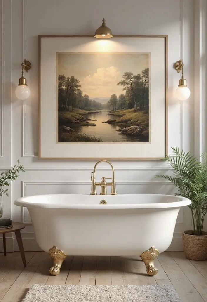 29 Bathroom Artwork Ideas That Add Character - 28. Vintage Landscape Art