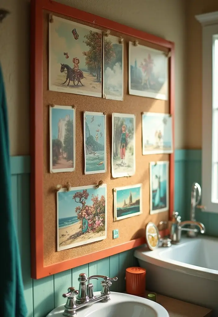 29 Bathroom Artwork Ideas That Add Character - 6. Vintage Postcards Display