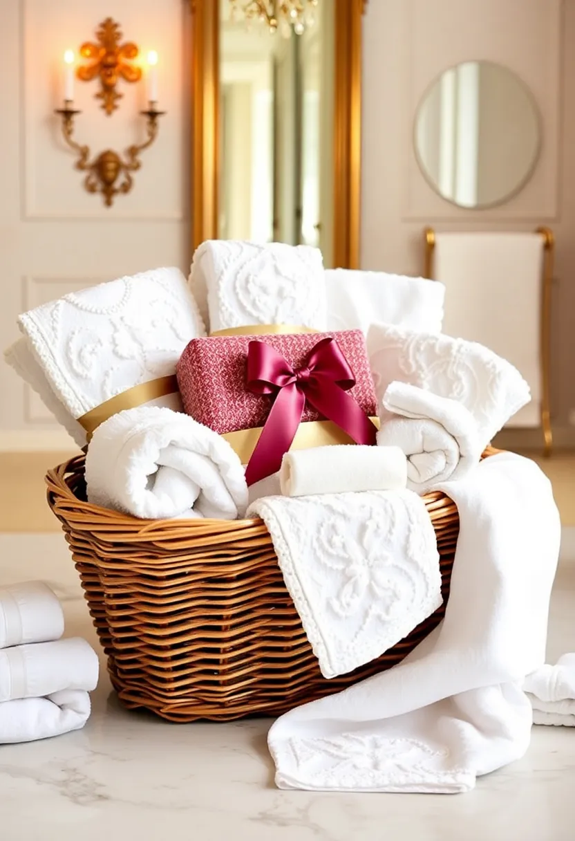 29 Bathroom Gift Basket Ideas That Feel Luxurious - 29. Luxurious Towels & Linens Basket