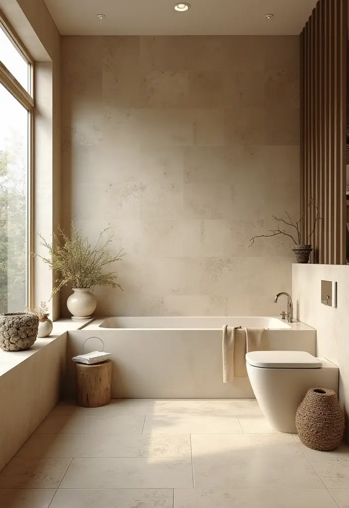 29 Beige Bathroom Tile Ideas That Feel Warm And Timeless - 11. Nature-Inspired Patterns