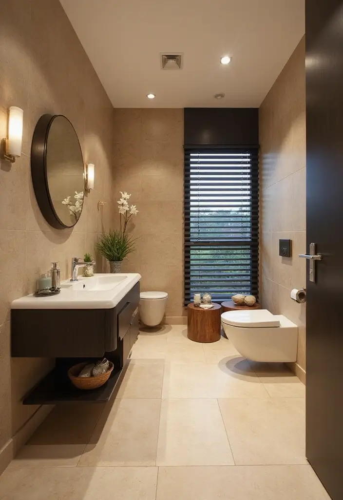 29 Beige Bathroom Tile Ideas That Feel Warm And Timeless - 13. Warm Beige with Dark Accents