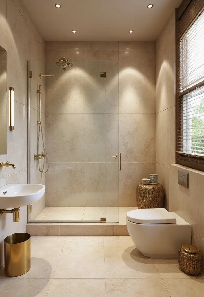 29 Beige Bathroom Tile Ideas That Feel Warm And Timeless - 16. Beige and Metallic Accents