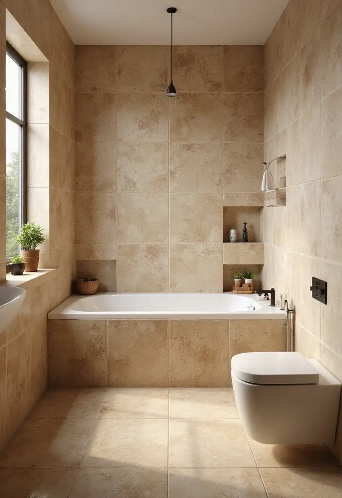 29 Beige Bathroom Tile Ideas That Feel Warm And Timeless - 18. Natural Stone Look