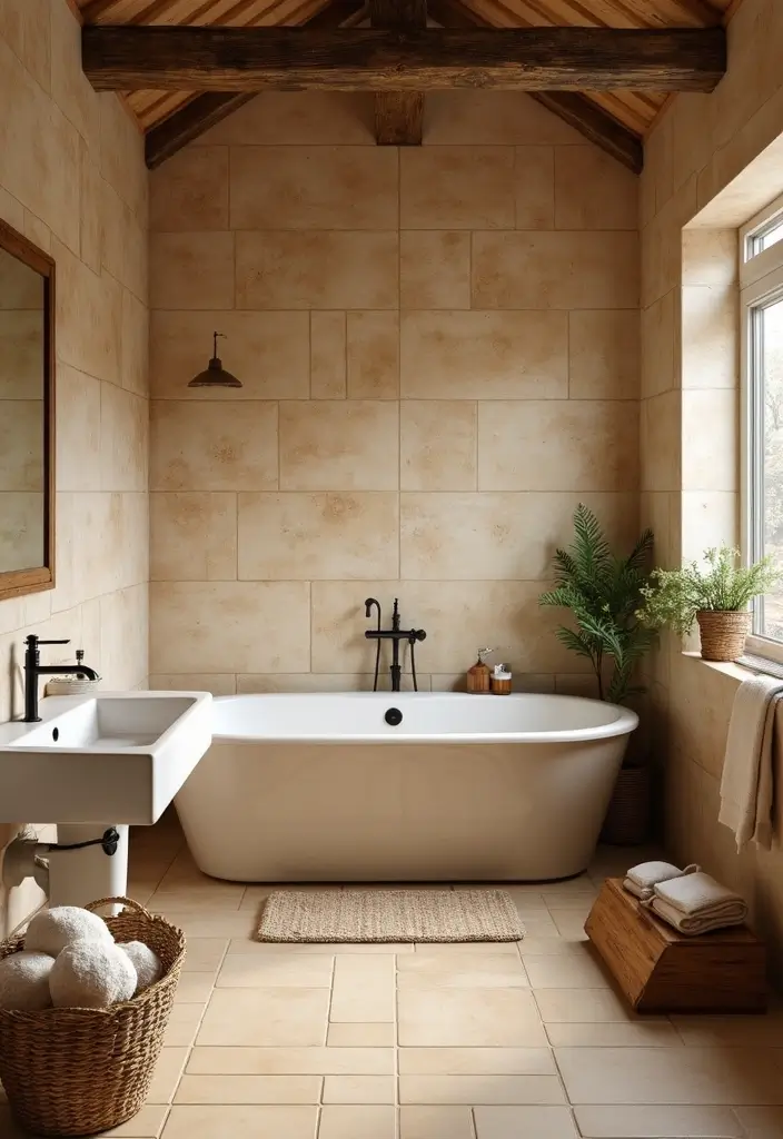 29 Beige Bathroom Tile Ideas That Feel Warm And Timeless - 20. Rustic Charm with Beige Tiles