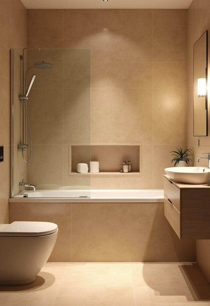29 Beige Bathroom Tile Ideas That Feel Warm And Timeless - 22. Soft Lighting Enhancements
