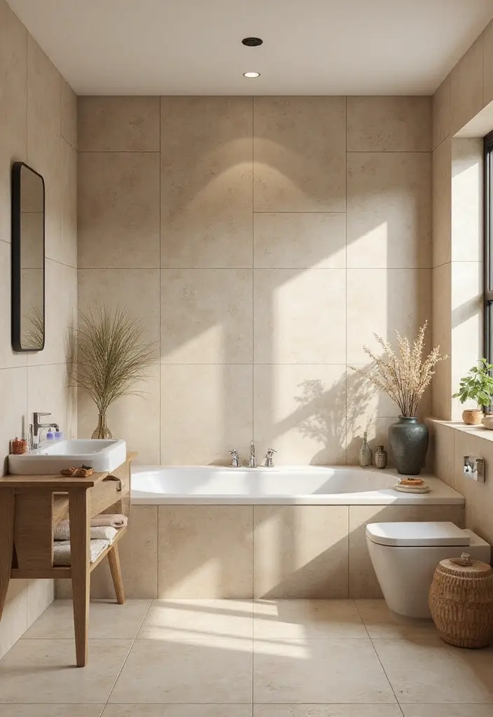 29 Beige Bathroom Tile Ideas That Feel Warm And Timeless - 25. Elegant Wall Paneling