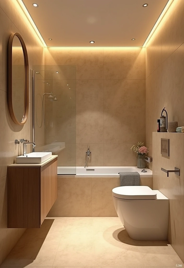 29 Beige Bathroom Tile Ideas That Feel Warm And Timeless - 28. Integrated Lighting