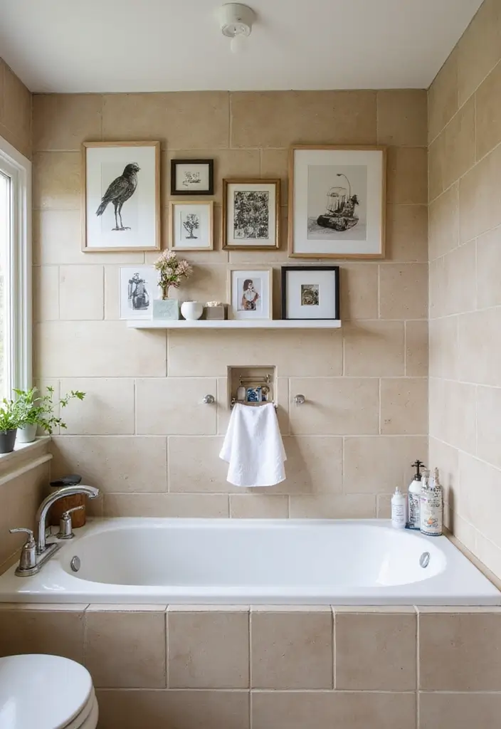 29 Beige Bathroom Tile Ideas That Feel Warm And Timeless - 29. Personal Touch with Gallery Walls