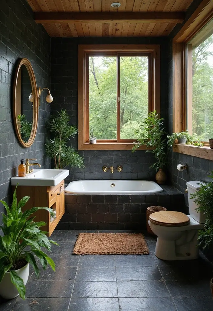 29 Black Penny Tile Bathroom Designs That Stand Out - 10. Nature-Inspired Retreat