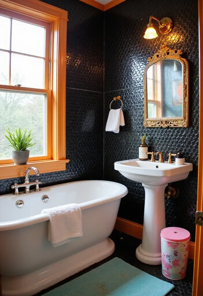29 Black Penny Tile Bathroom Designs That Stand Out - 11. Retro Vibes