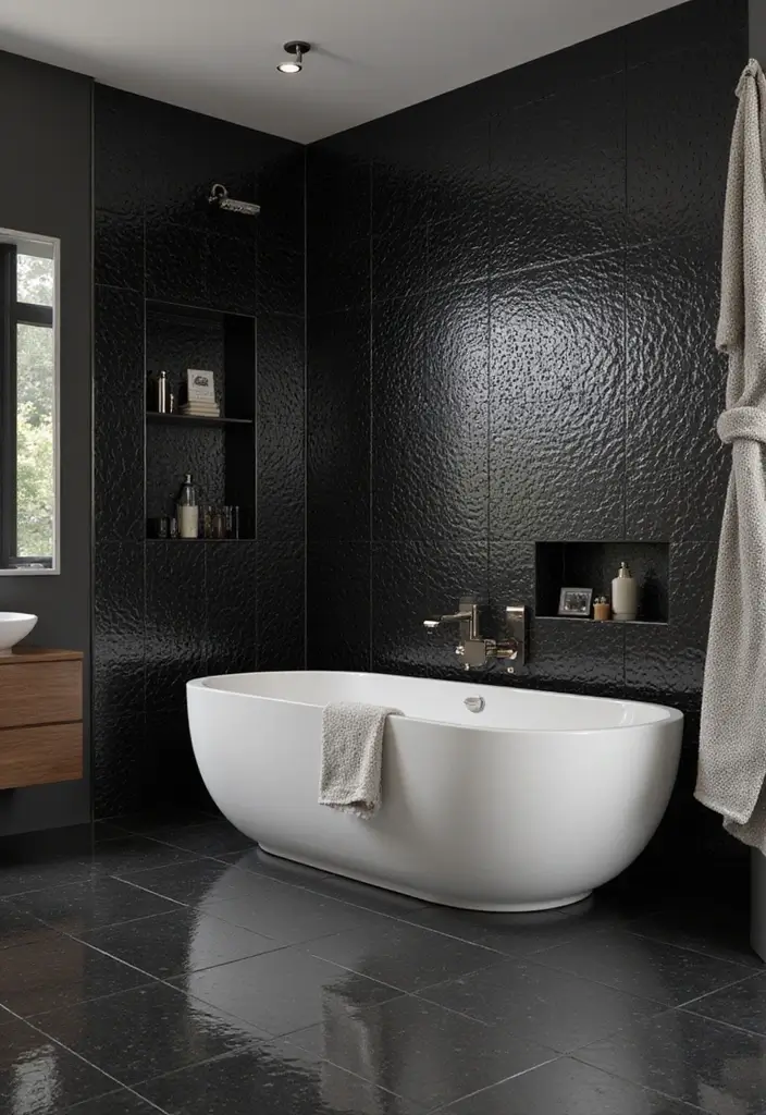 29 Black Penny Tile Bathroom Designs That Stand Out - 12. Understated Luxury
