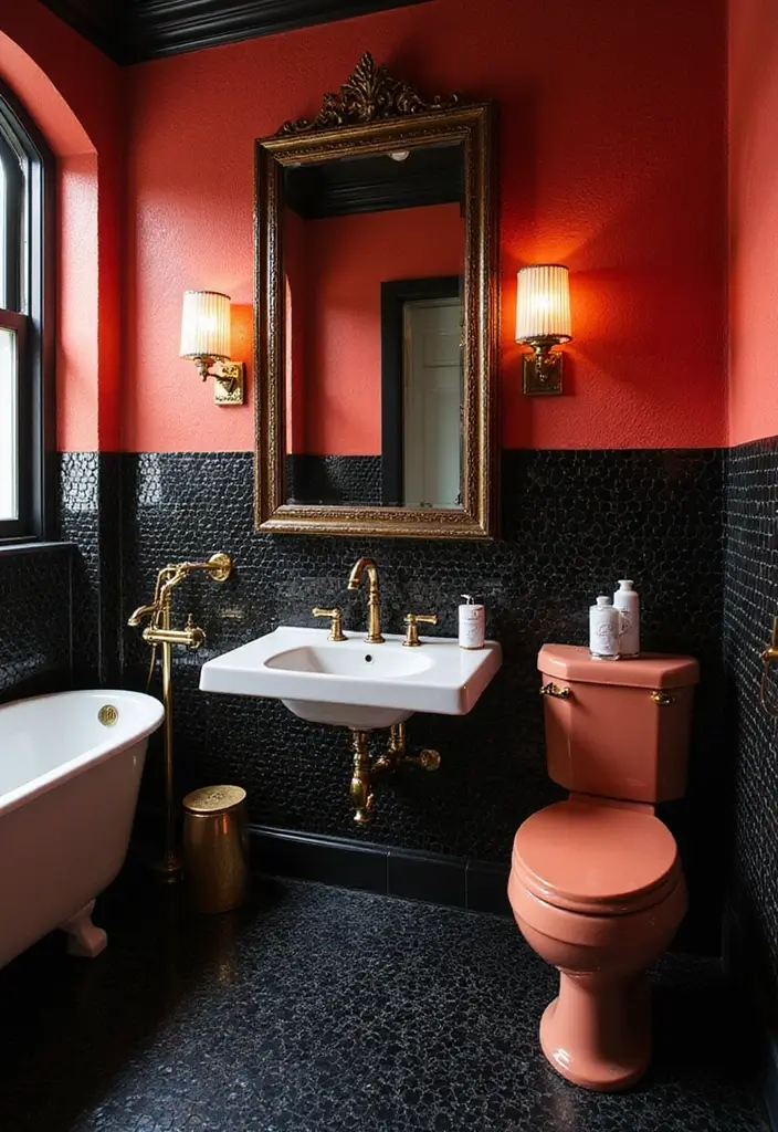 29 Black Penny Tile Bathroom Designs That Stand Out - 14. Art Deco Glam