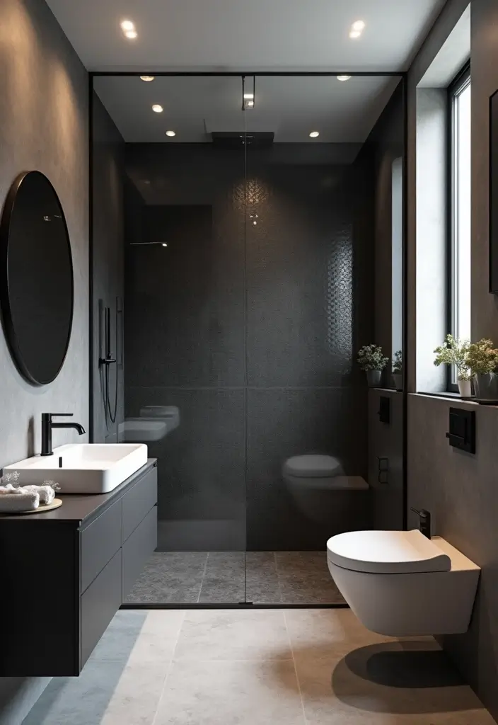 29 Black Penny Tile Bathroom Designs That Stand Out - 16. Modern Minimalism