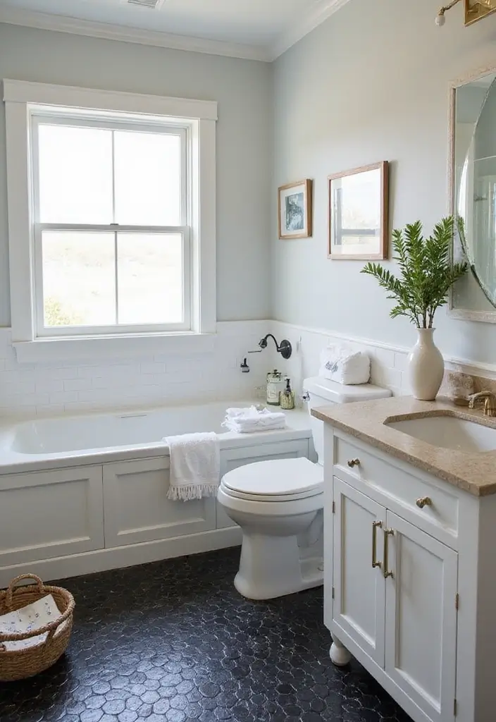 29 Black Penny Tile Bathroom Designs That Stand Out - 18. Coastal Elegance