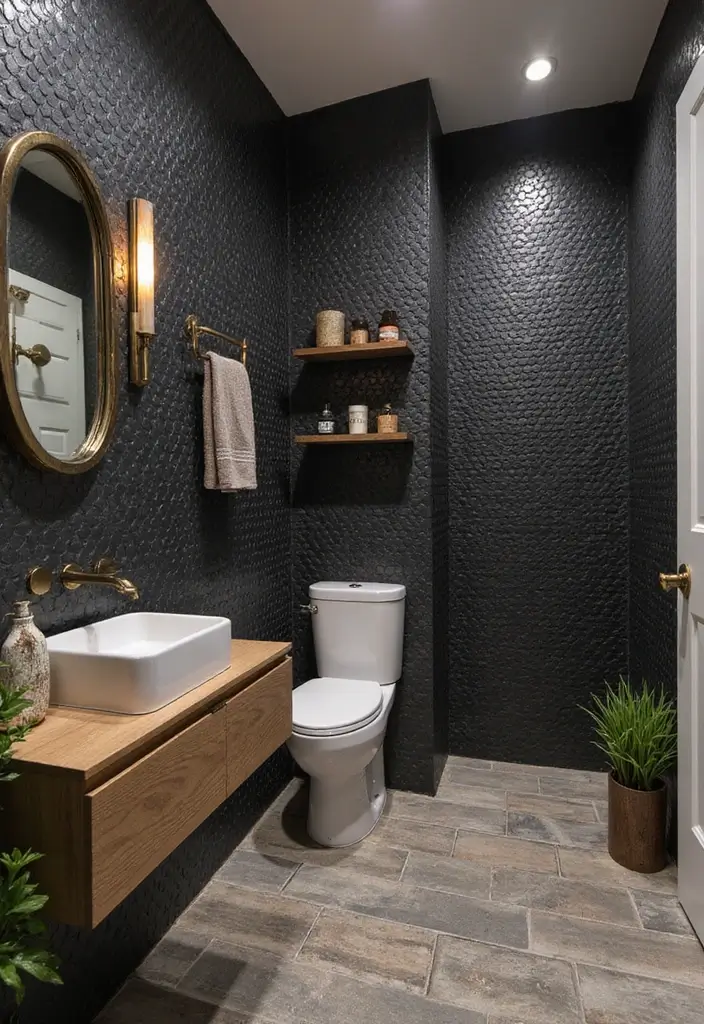 29 Black Penny Tile Bathroom Designs That Stand Out - 19. Mixed Material Marvel