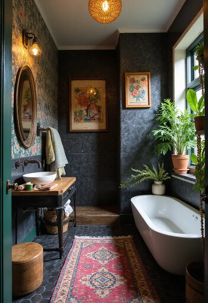 29 Black Penny Tile Bathroom Designs That Stand Out - 21. Bohemian Flair