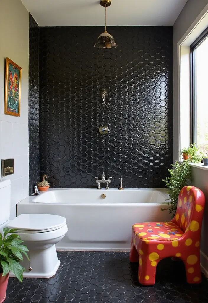 29 Black Penny Tile Bathroom Designs That Stand Out - 23. Whimsical Accents