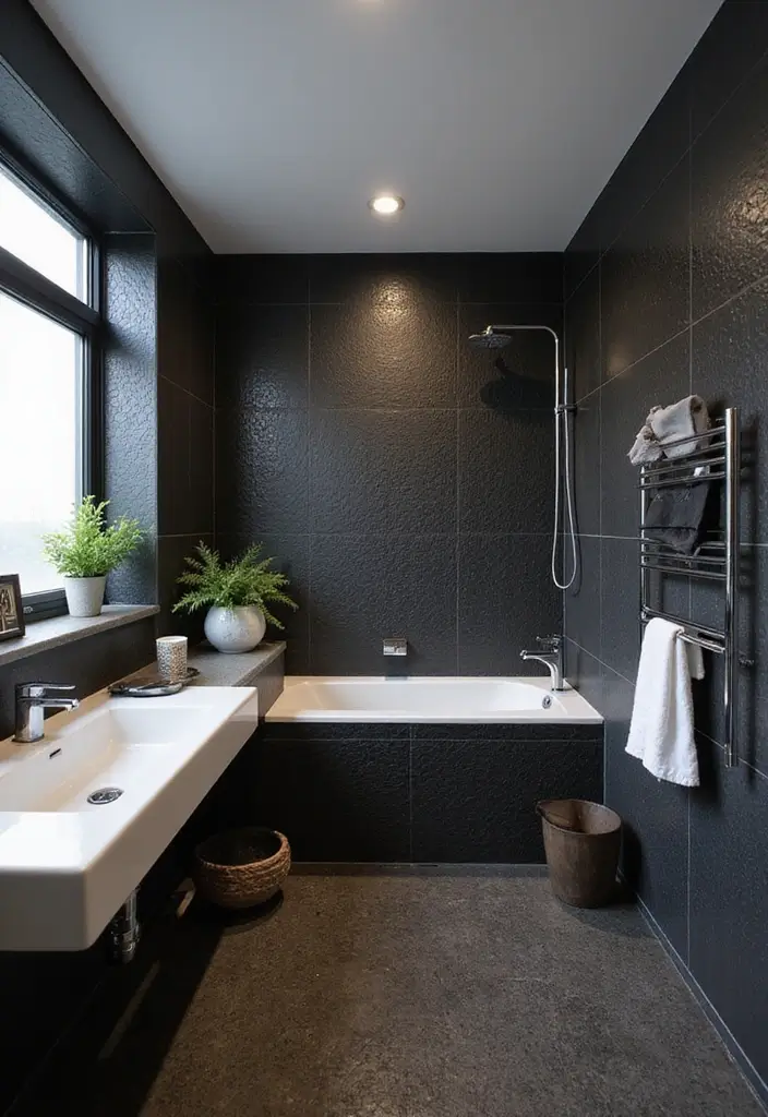 29 Black Penny Tile Bathroom Designs That Stand Out - 24. Contemporary Edge