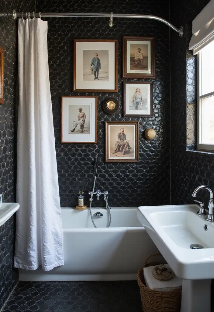 29 Black Penny Tile Bathroom Designs That Stand Out - 26. Personalized Gallery Wall