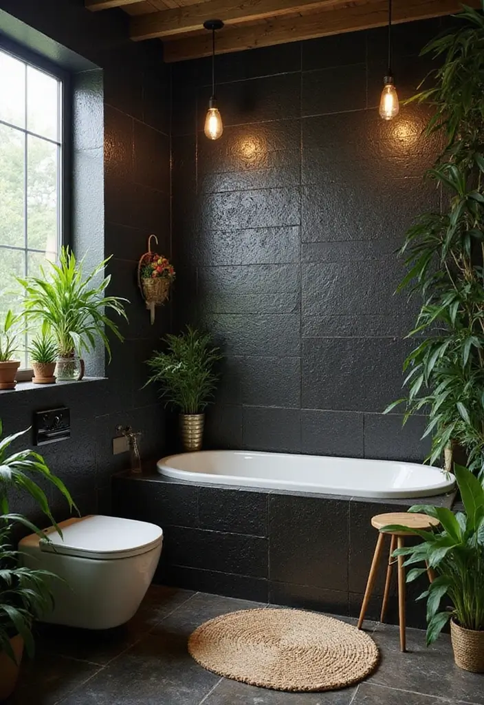29 Black Penny Tile Bathroom Designs That Stand Out - 27. Eco-Friendly Charm