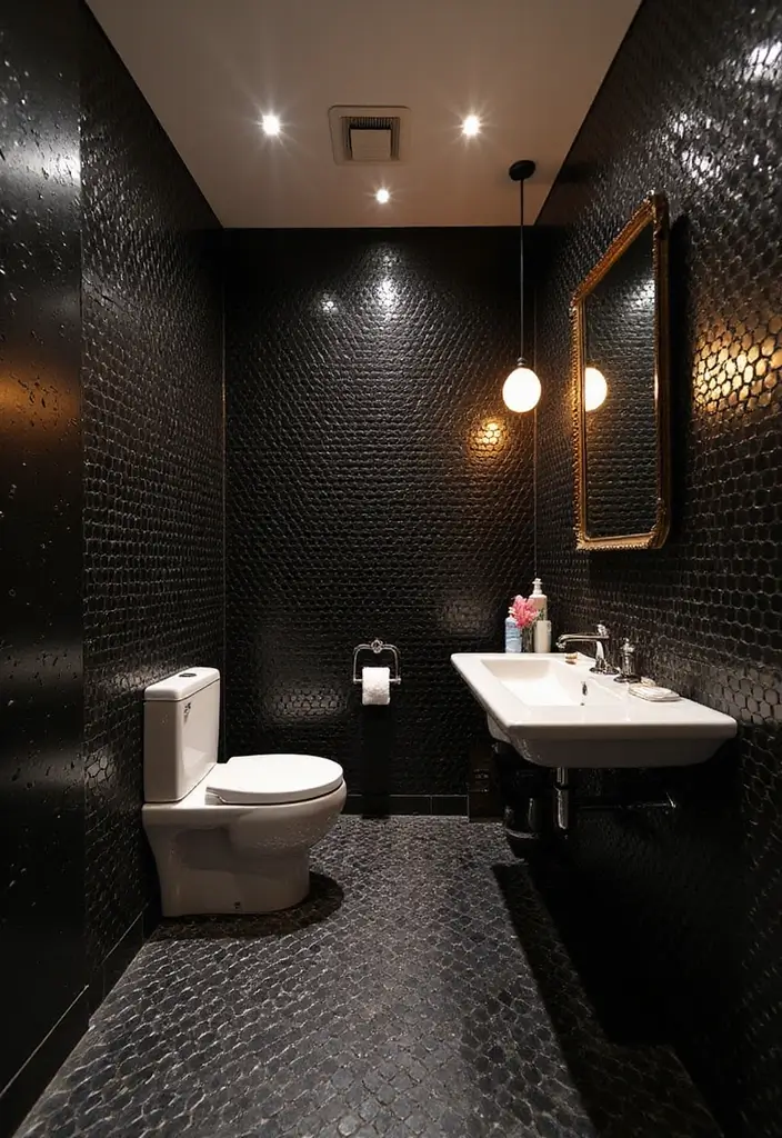 29 Black Penny Tile Bathroom Designs That Stand Out - 28. Layered Lighting
