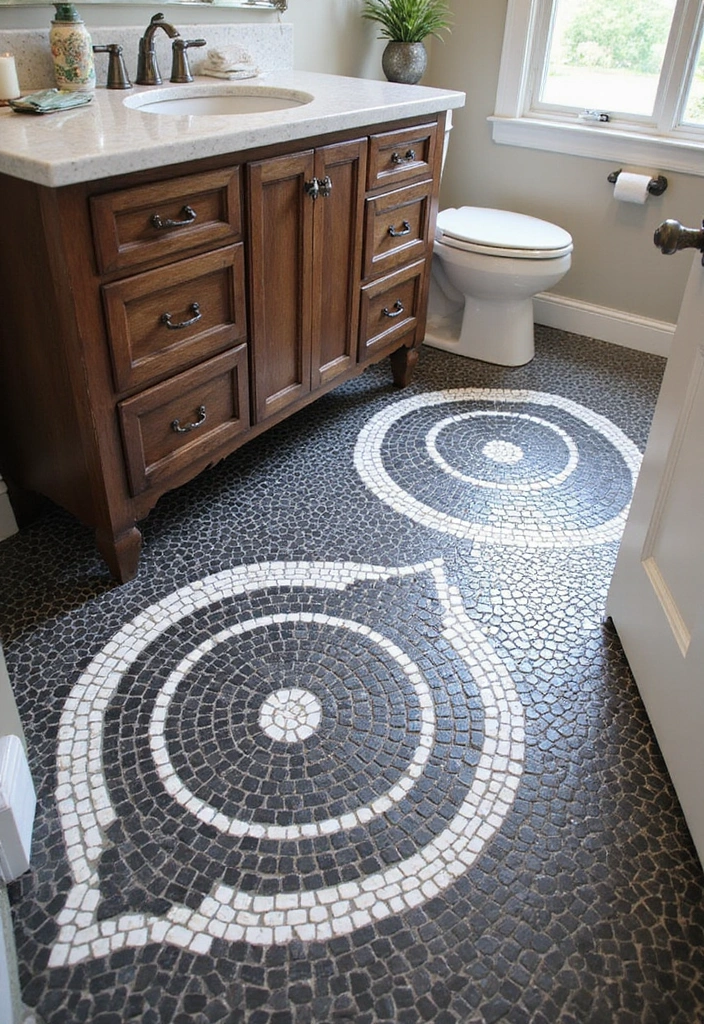 29 Black Penny Tile Bathroom Designs That Stand Out - 3. Intricate Mosaic Patterns