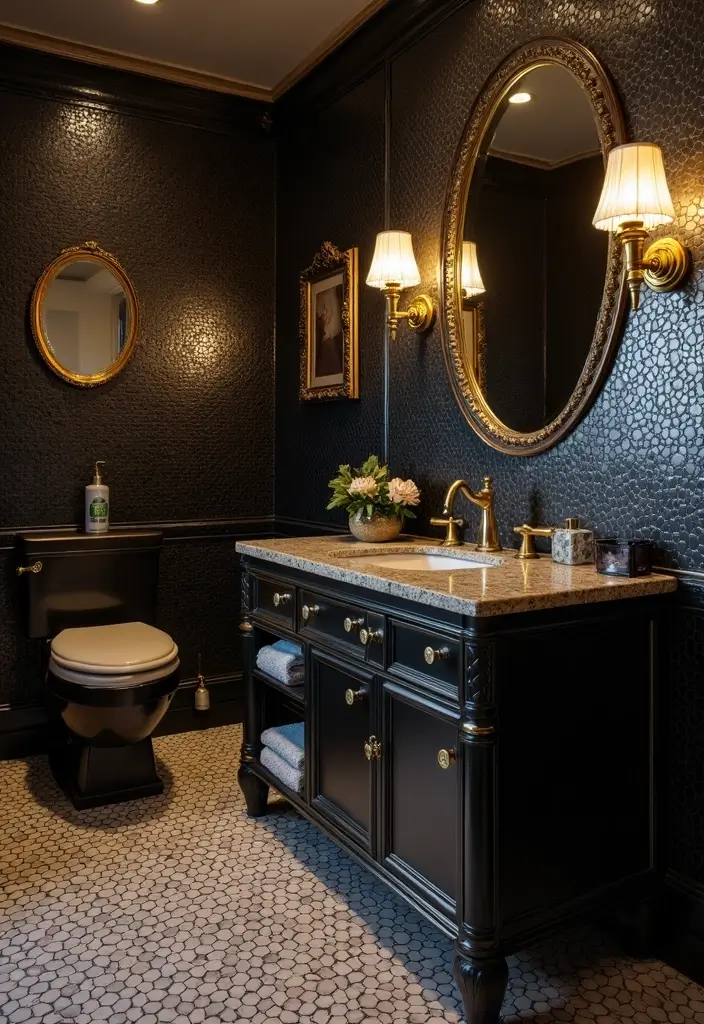 29 Black Penny Tile Bathroom Designs That Stand Out - 4. Vintage Glamour with Gold Accents
