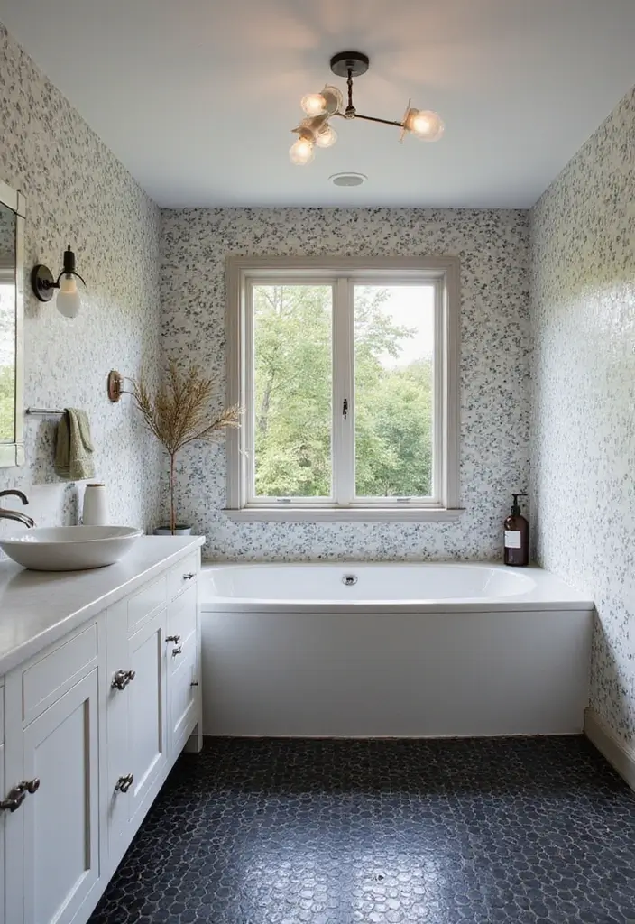 29 Black Penny Tile Bathroom Designs That Stand Out - 5. Playful Geometric Designs