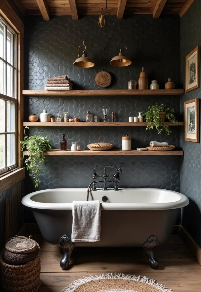 29 Black Penny Tile Bathroom Designs That Stand Out - 7. Rustic Charm