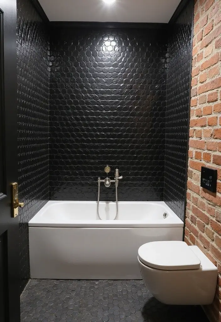 29 Black Penny Tile Bathroom Designs That Stand Out - 8. Contrasting Textures