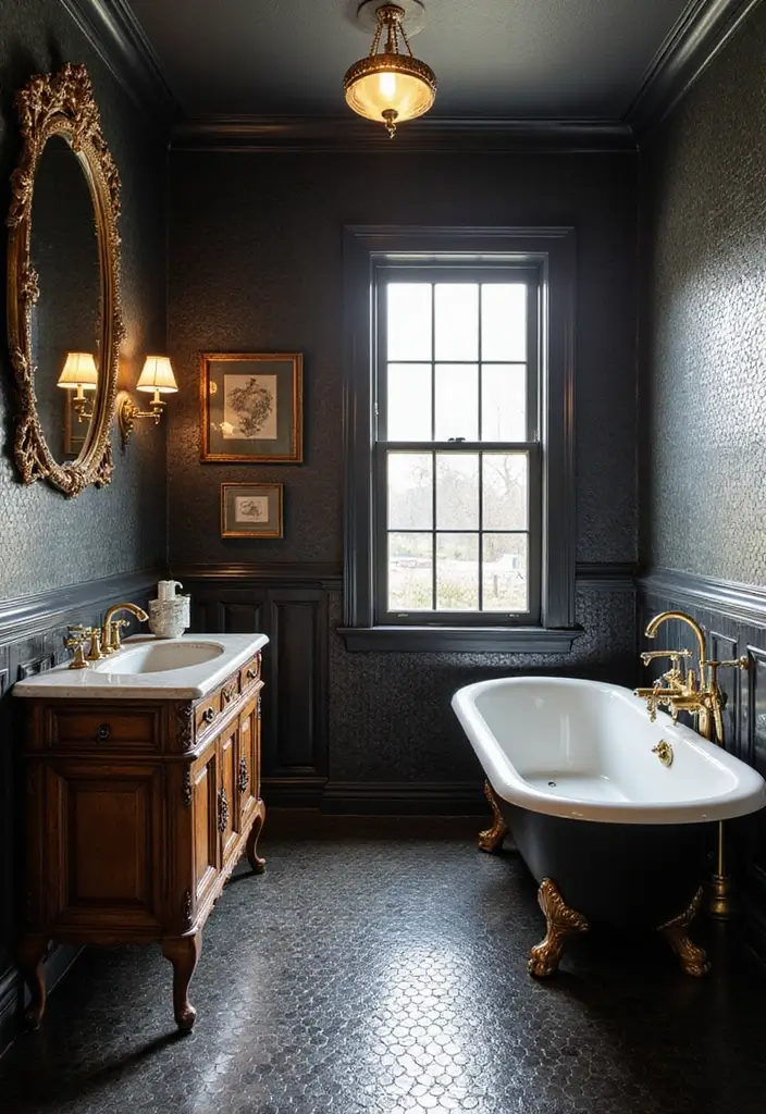 29 Black Penny Tile Bathroom Designs That Stand Out - 9. Vintage Victorian Inspirations