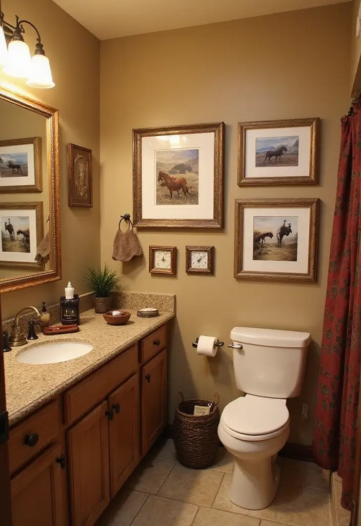 29 Modern Western Bathroom Designs With Rustic Charm - 14. Western-Themed Art