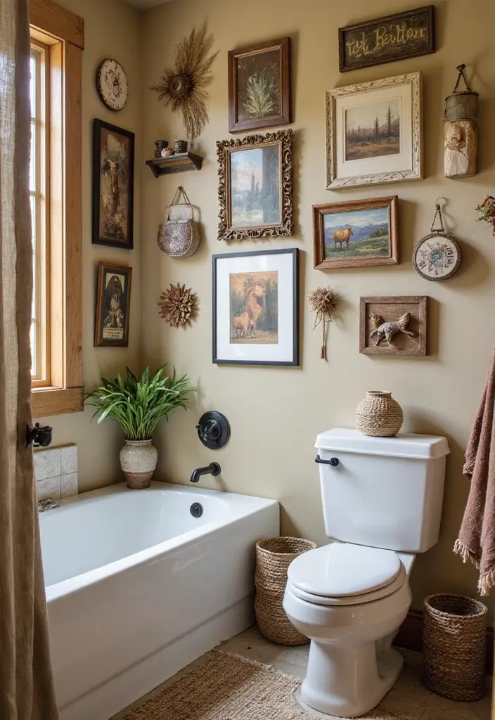 29 Modern Western Bathroom Designs With Rustic Charm - 21. Wall Art and Décor