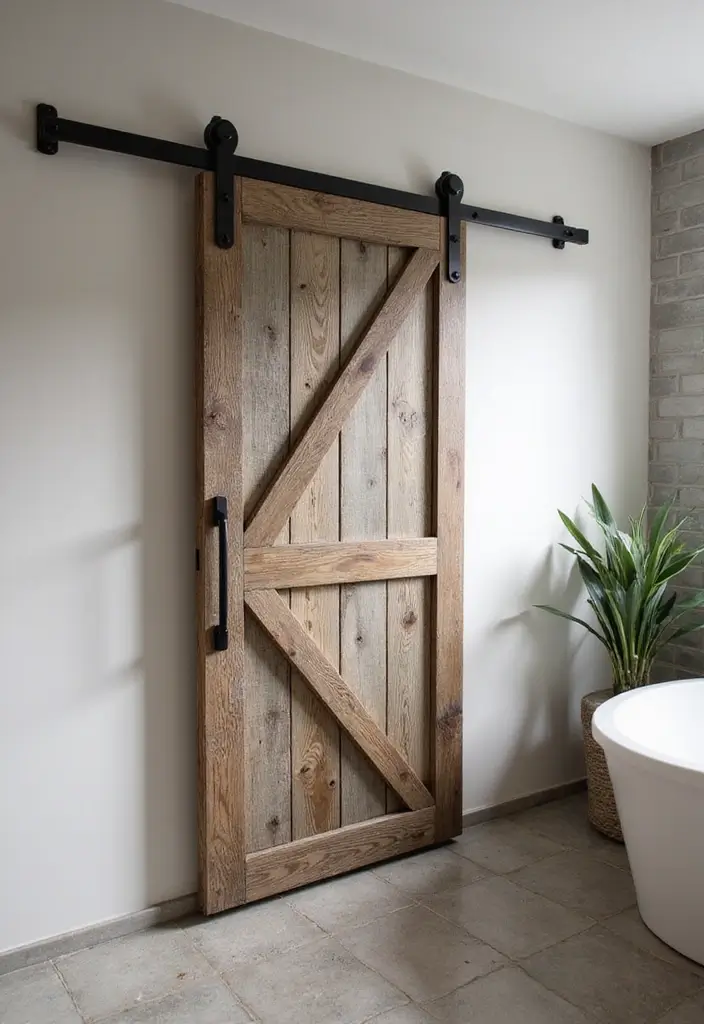 29 Modern Western Bathroom Designs With Rustic Charm - 3. Barn Door Elements